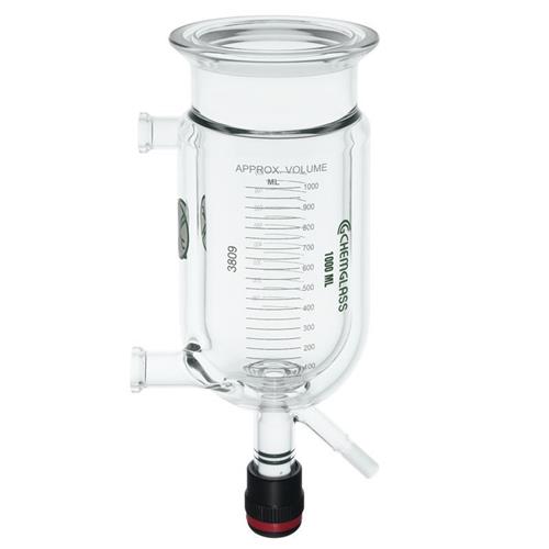CG-1929-X15 | 1, 000mL Reaction Vessel, Jacketed, Graduated Both Sides, 100mm Flange, Flat Flange Inlet/Outlet, CG