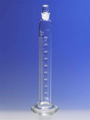 3002-500 | PYREX® 500 mL Single Metric Scale Cylinders, Serialized/Certified Class A, Standard Taper Stopper, White Graduations, TC