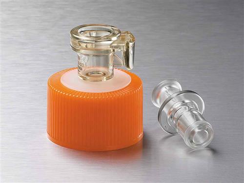 3329 | Corning® 33 mm Polyethylene Filling Cap,a Female MPC Polycarbonate,a 3/8“ (9.5 mm) ID Coupling,a Male MPC Polycarbonate End Cap