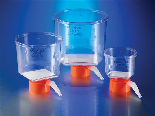 430625 | Corning® 150 mL Bottle Top Vacuum Filter, 0.45 µm Pore 13.6cm² CA Membrane, Fits 33 mm Diameter Nk s, Sterile, 48/CS