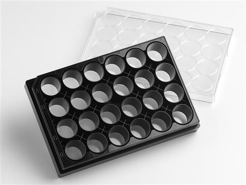 4445 | Corning® Elplasia® 24-well Black/Clear, Square, Plasma Treated, Microcavity Plate, with Lid