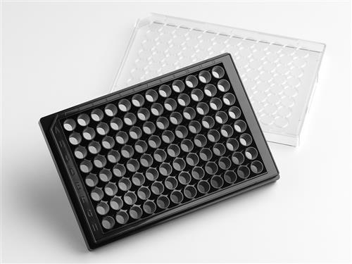 4446 | Corning® Elplasia® 96-well Black/Clear, Square, Plasma Treated, Microcavity Microplate, with Lid