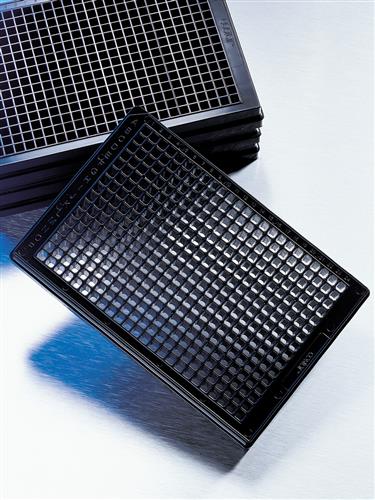 4596 | Corning® 384-well Black/Clear Bottom Low Flange Fibronectin-Coated Microplate, Bulk Packed