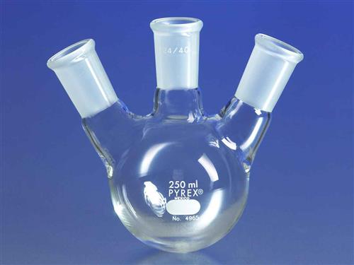 4965-250 | PYREX® 250 mL Three Nk  Distilling Flask,24/40 Center Vertical,Side AngNk  Standard Taper Joints