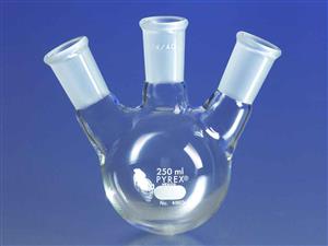 4965-250 | PYREX® 250 mL Three Nk  Distilling Flask,24/40 Center Vertical,Side AngNk  Standard Taper Joints