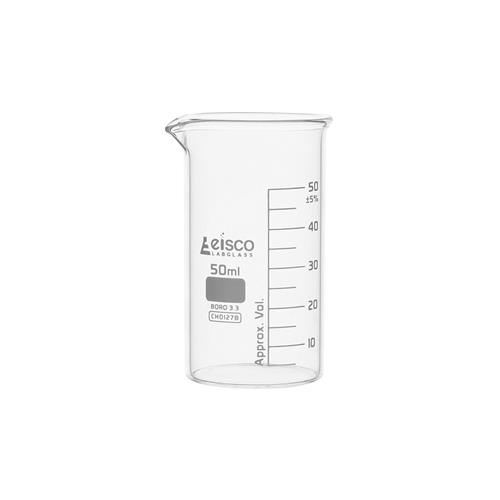 CH0127B | Beaker, 50ml - Tall Form with Spout - White, 5ml Graduations - Borosilicate 3.3 Glass - Eisco Labs