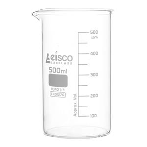 CH0127G | Beaker, 500ml - Tall Form with Spout - White, 50ml Graduations - Borosilicate 3.3 Glass - Eisco Labs