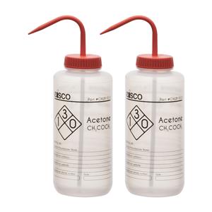 CHWB1013PK2 | 2PK Wash Bottles for Acetone, 1000ml - Labeled with Chemical Information & Safety Information (1 Color) - Wide Mouth, Self Venting, Low Density Polyethylene - Performance Plastics by Eisco Labs