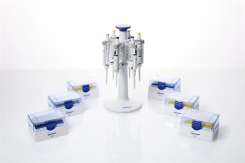 3123000942 | Eppendorf Research® plus, 6-pack, 1-channel, variable, incl. Pipette Carousel 2, 6x epT.I.P.S.® Box 2.0 and ballpoint pen, 0.1 – 2.5 µL, 0.5 – 10 µL, 2 – 20 µL (yellow), 10 – 100 µL, 20 – 200 µL, 100 – 1,000 µL