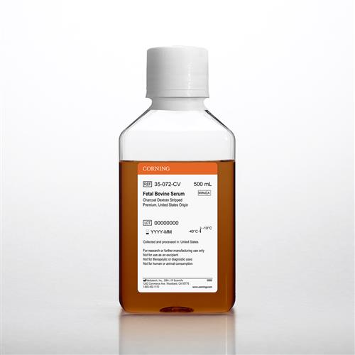 35-072-CV | Corning® Fetal Bovine Serum, 500 mL, Premium, United States Origin (Charcoal Dextran Stripped)