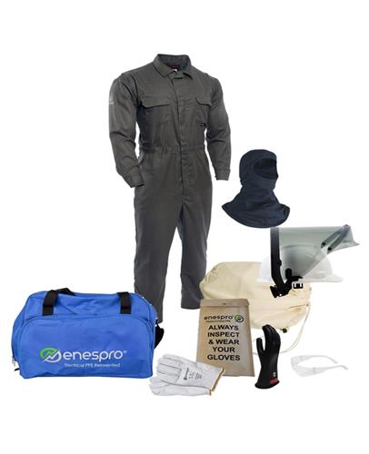 KIT2TC8GPVBMD10 | Enespro TECGEN FR 8 cal Coverall Arc Flash Kit with Balaclava & Voltage Gloves- Grey (MD/10)