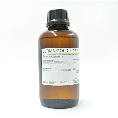 6013301 | Ultima Gold AB is a safer liquid scintillation cocktail (LSC) specifically designed for alpha/beta discrimination in liquid scintillation counting and provides the necessary slow pulse decay characteristics. Ultima Gold AB exhibits high counting efficiencies with high sample uptake capacities for heavy metals and mineral acids.