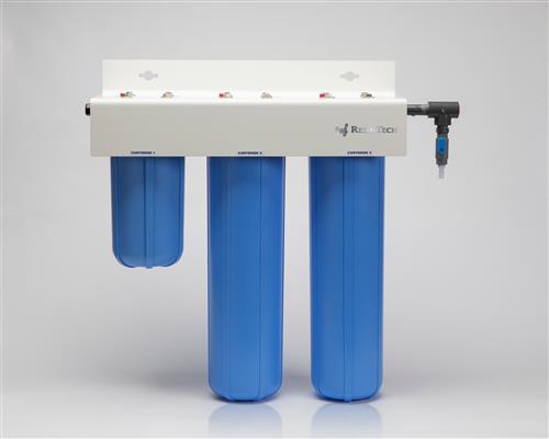HYS-122-B-HP | Hydra Deionization System High Purity.  Three Bowl System with Activated Carbon Prefilter and (2) Low Odor DI Cartridges.  200 Kohm Light. Big Blue Style (4-1/2" Diamter)