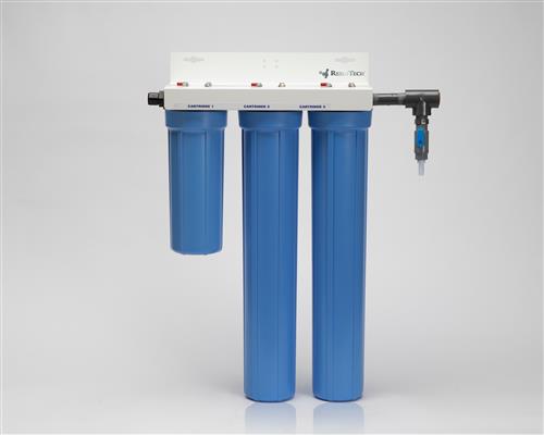 HYS-122-S-HP | Hydra Deionization System High Purity.  Three Bowl System with 5.0 Micron Carbon Block Prefilter and (2) Low Odor DI Cartridges.  200 Kohm Light.  Slim Style (2-1/2" Diamter)