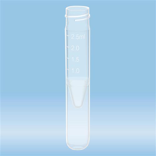 60.614.065 | Screw cap tube, 2.5 ml,  75 x 13 mm, extra rounded false bottom, PP, no cap, 500/StackPack