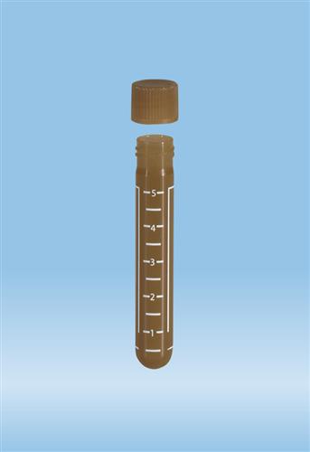 62.504.017 | Screw cap tube, 5 ml, 75 x 13 mm (US), amber, round base, PP, white graduations, amber cap included