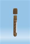 62.504.018 | Screw cap tube, 5 ml, 75 x 13 mm (US), amber, round base, PP, white grads & writing block, amber cap