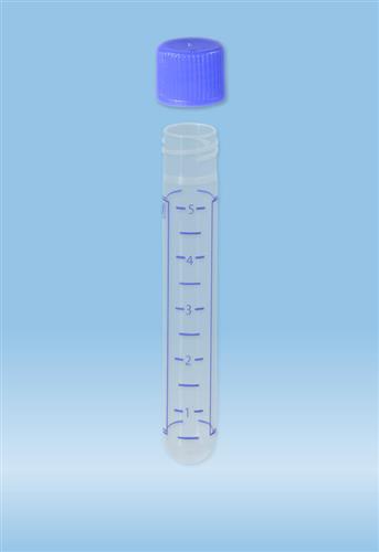 62.504.037 | Screw cap tube, 5 ml, 75 x 13 mm, round base, PP, printed blue graduations, blue cap included