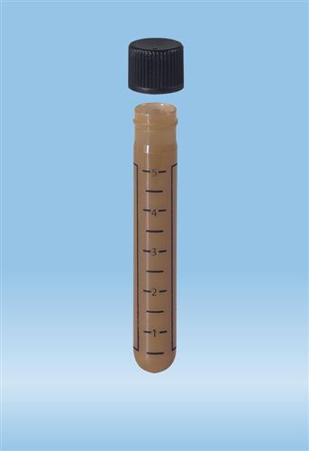 62.504.038 | Screw cap tube, 5 ml, 75 x 13 mm, amber, round base, PP, print black graduations, black cap included