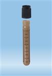 62.504.039 | Screw cap tube, 5 ml, 75 x 13 mm, amber, round base, PP, black grads & writing block, w/black cap