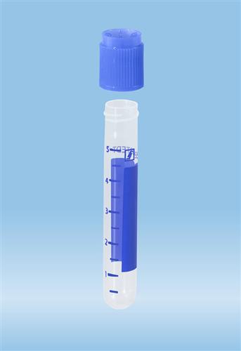 62.504.040 | Screw cap tube, 5 ml, 75 x 13 mm, round base, PP, blue grads & writing block, blue cap included