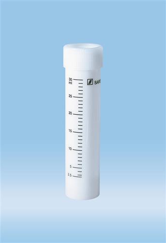 62.543.030 | Screw cap tube, 30ml, 107 x 25mm, conical base with skirt, white PP, black graduations, cap included