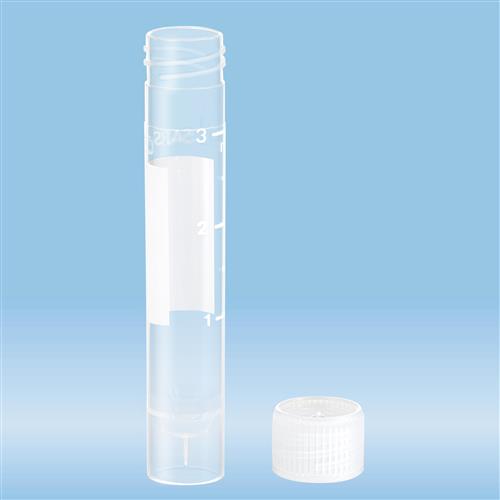 62.549.004 | Screw cap tube, 3.5ml, 66x11.5mm, conical base w/skirt, PP, white grads & writing block, with cap