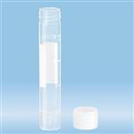 62.549.004 | Screw cap tube, 3.5ml, 66x11.5mm, conical base w/skirt, PP, white grads & writing block, with cap