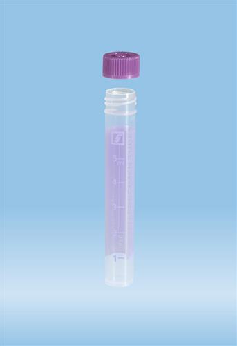 62.550.019 | Screw cap tube, 7 ml,  82 x 13 mm, flat base, PP, purple grads & writing block, purple cap included