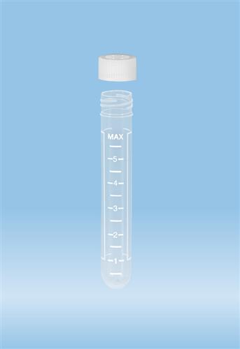 62.550.032 | Screw cap tube, 7 ml, 82 x 13 mm, round base, PP, white graduations and writing block, cap included