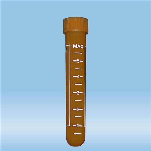 62.550.054 | Screw cap tube, 7 ml, 82 x 13 mm, round base, amber, PP, white graduations, amber cap included