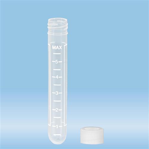 62.550.061 | Screw cap tube, 7 ml, 82 x 13 mm, round base, PP, printed white graduations, cap included