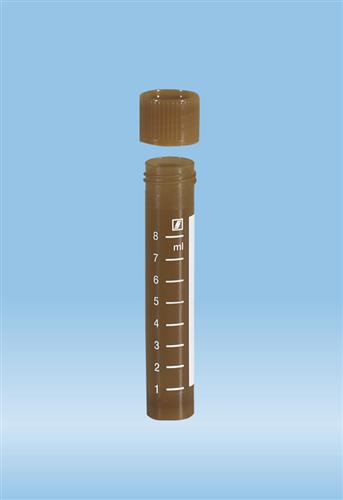 62.551.022 | Screw cap tube, 10ml, 79x16mm, round base w/skirt, amber, PP, white grads & writing block, amber cap