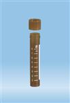 62.551.022 | Screw cap tube, 10ml, 79x16mm, round base w/skirt, amber, PP, white grads & writing block, amber cap