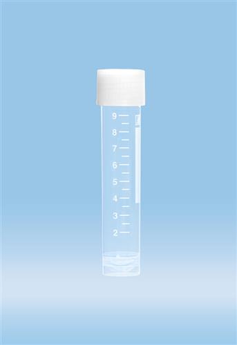 62.551.201 | Screw cap tube, 10ml, 79x16mm, round base w/skirt, PP, white grads & writing block, cap asm, sterile