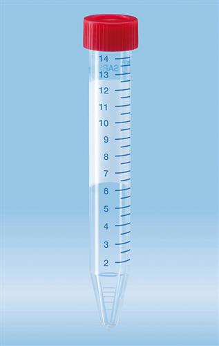 62.553.001 | Screw cap tube, 15ml, 120x17mm, conical base, PS, blue grads, white writing space, red cap included