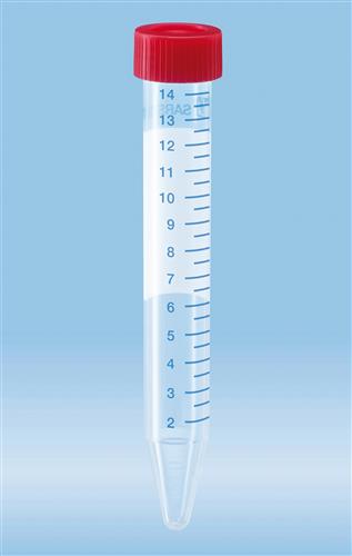 62.554.101 | Screw cap tube, 15ml, 120x17mm, conical base, PP, blue grads, white writing space, red cap included