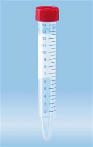 62.554.101 | Screw cap tube, 15ml, 120x17mm, conical base, PP, blue grads, white writing space, red cap included