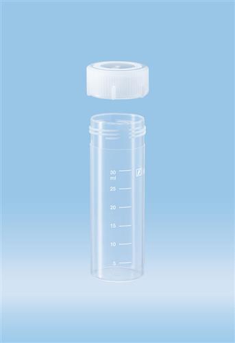 62.555 | Screw cap tube, 30 ml, 84 x 30 mm, flat base, PP, white graduations, cap included