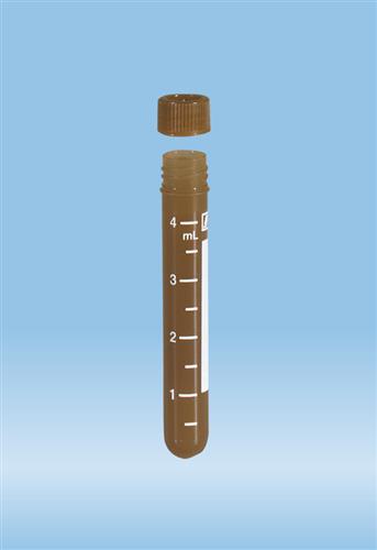 62.557.003 | Screw cap tube, 4.5 ml, 75 x 12 mm, round base, amber, PP, white grads & block, amber cap included