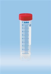 62.559.101 | Screw cap tube, 50 ml,  114 x 28 mm, conical base w/skirt, PP, blue grads, white block, red cap asm