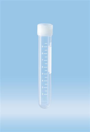 62.610.201 | Screw cap tube, 10 ml, 92 x 15.3 mm, round base, PP, white grads and writing block, cap asm, sterile