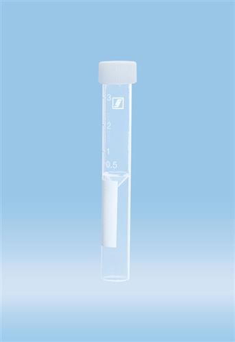 62.613 | Screw cap tube, 3.5 ml, 92 x 13 mm, flat false bottom, PP, white grads & writing block, cap asm