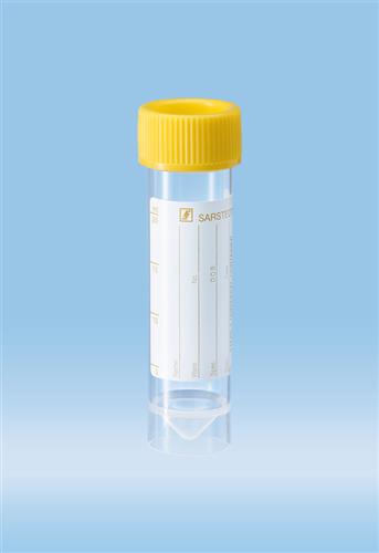63.9922.254 | Screw cap tube, 25 ml, 90 x 25 mm, conical base w/skirt, PP, paper label, yellow cap asm, sterile