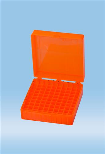 93.877.310 | Storage box, hinged lid, PP, format: 10 x 10, for 100 micro tubes, orange