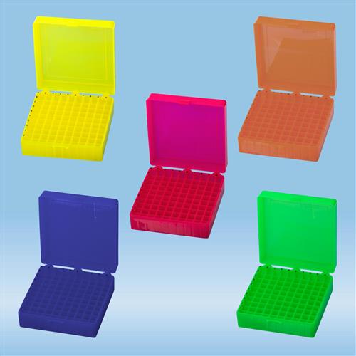 93.877.999 | Storage box, hinged lid, PP, format: 10 x 10, for 100 micro tubes, mixed colors