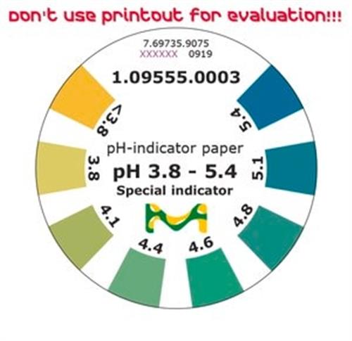 1095550003 | pH-indicator paper  pH 3.8 - 5.4  Special indicatorRoll (4.8 m) with colour scale pH <3.8 - 4.1 - 4.4 - 4.6 - 4.8 - 5.1 - 5.4