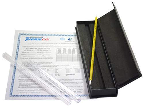ACC611SSCFC | Thermco’s Certified Thermometers are used in temperature verification and calibration procedures. These instruments can be used to calibrate Liquid-In-Glass, RTD, Thermistors, Thermocouples, and Bi-Metal Thermometers. The certified thermometers are carefully inspected to insure they conform to exact specifications and are certified against NlST standards. Each thermometer is furnished with a document proving traceability and a felt-lined leatherette storage case.