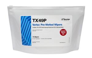 TX49P | 
 Non-sterile, sealed-edge, polyester wipers pre-wetted with USP-grade 70% IPA / 30% DIW 9" x 9" nominal (23 cm x 23 cm)
