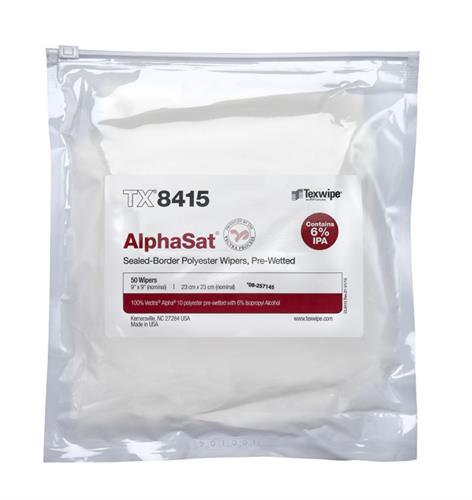 TX8415 | 
 Non-sterile, sealed border, polyester wipers pre-wetted with 6% IPA / 94% DIW 9" x 9" (23cm x 23cm)
